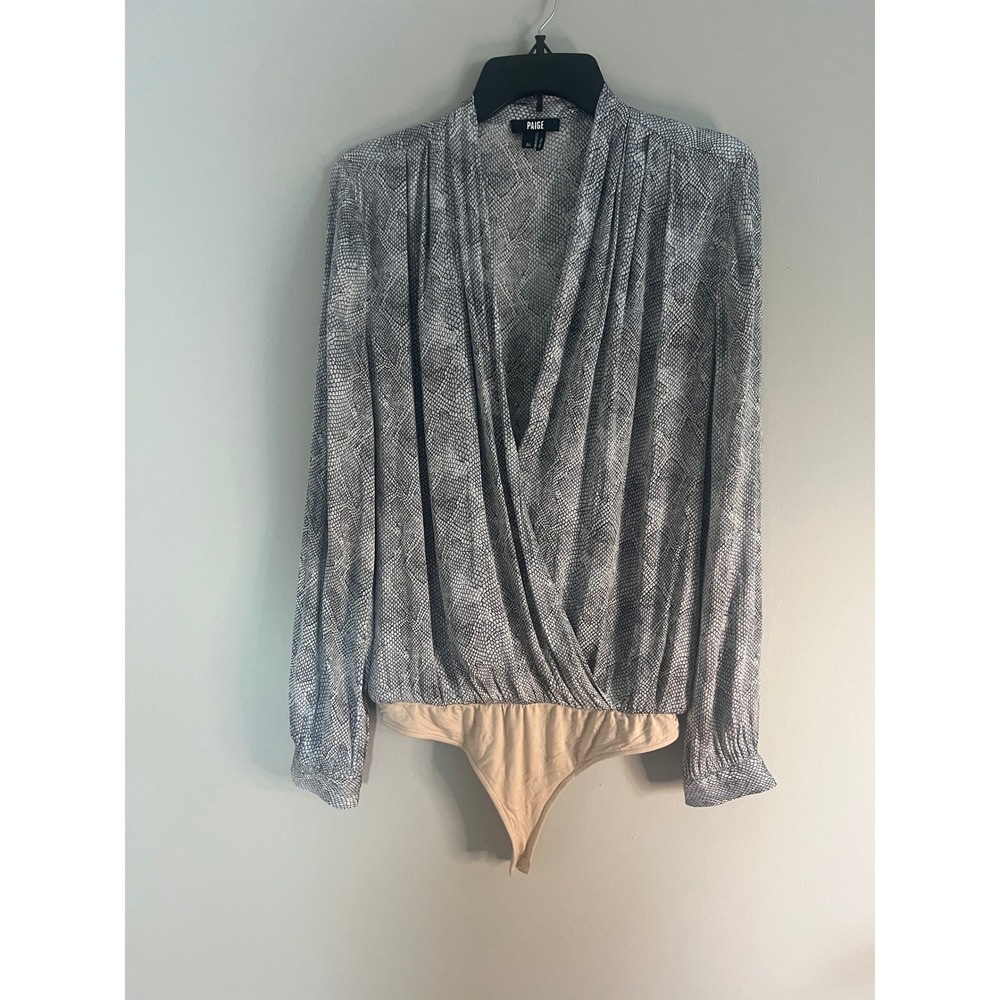 PAIGE Womens Grey Snakeskin Print‎ Wrap Front Long Sleeve Bodysuit Size M